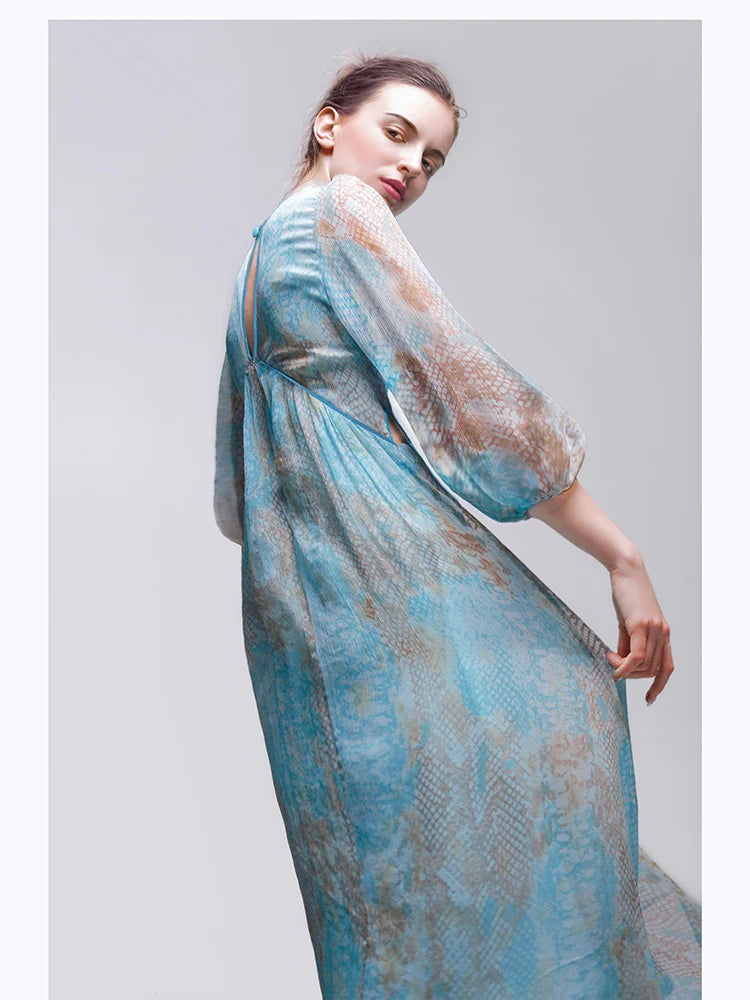 Fragmented Flower Dress French Retro Luxury Holiday Lantern Sleeves Fairy Dress Bright Water Blue Slim Fit Long Dress