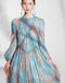 Fragmented Flower Dress French Retro Luxury Holiday Lantern Sleeves Fairy Dress Bright Water Blue Slim Fit Long Dress