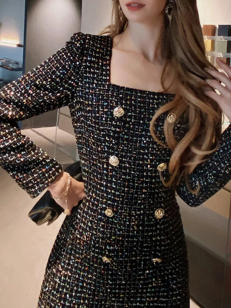 French Elegant Intellectual Starlight Sparkling Small Fragrant Tweed Sequin Square Neck Dress