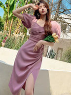 French Elegant Square Neck Slim Fit Split Short Sleeve Dress Celebrity StyleTailor Make suit
