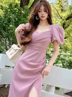 French Elegant Square Neck Slim Fit Split Short Sleeve Dress Celebrity StyleTailor Make suit