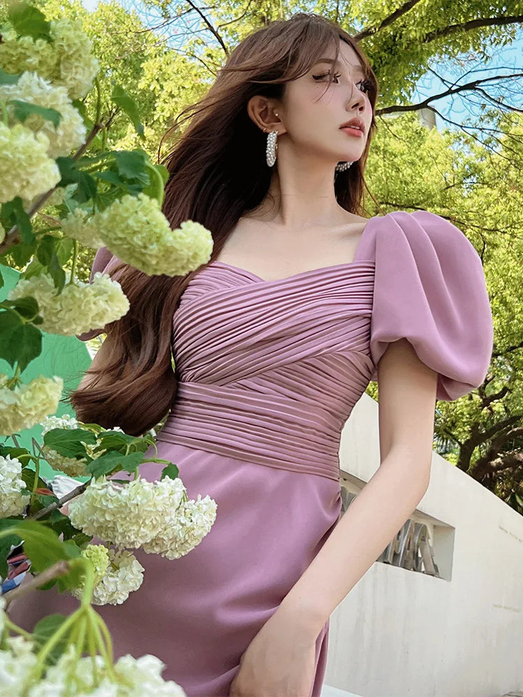 French Elegant Square Neck Slim Fit Split Short Sleeve Dress Celebrity StyleTailor Make suit