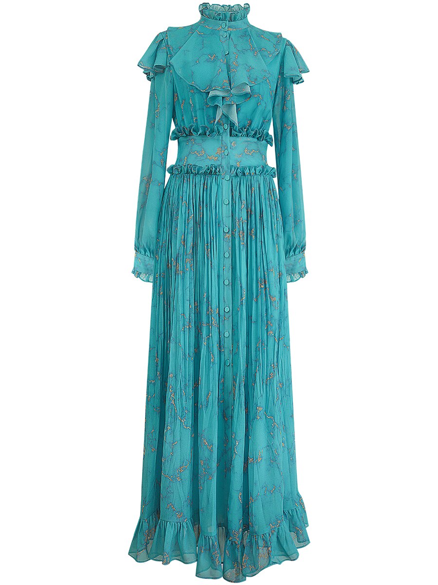 French Peacock Blue Dress with A Waist Waist and Elegant Style, Celebrity Long Dress with A Large Swing and Ankle Goddess Style