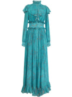 French Peacock Blue Dress with A Waist Waist and Elegant Style, Celebrity Long Dress with A Large Swing and Ankle Goddess Style
