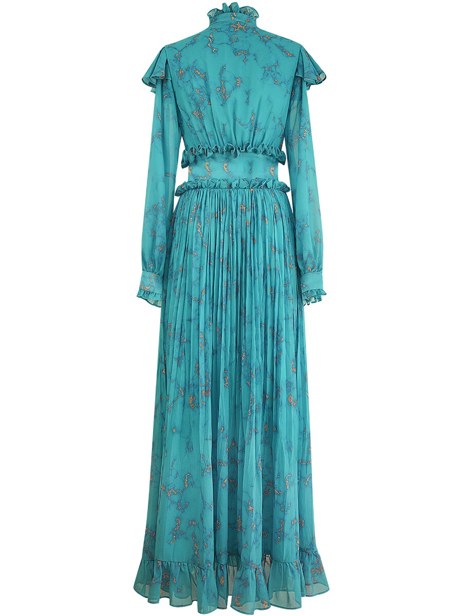 French Peacock Blue Dress with A Waist Waist and Elegant Style, Celebrity Long Dress with A Large Swing and Ankle Goddess Style