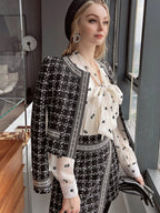 French Small Fragrance Style Pattern Chunhuani Winter Slim Top Half Skirt Two Piece Suit Women