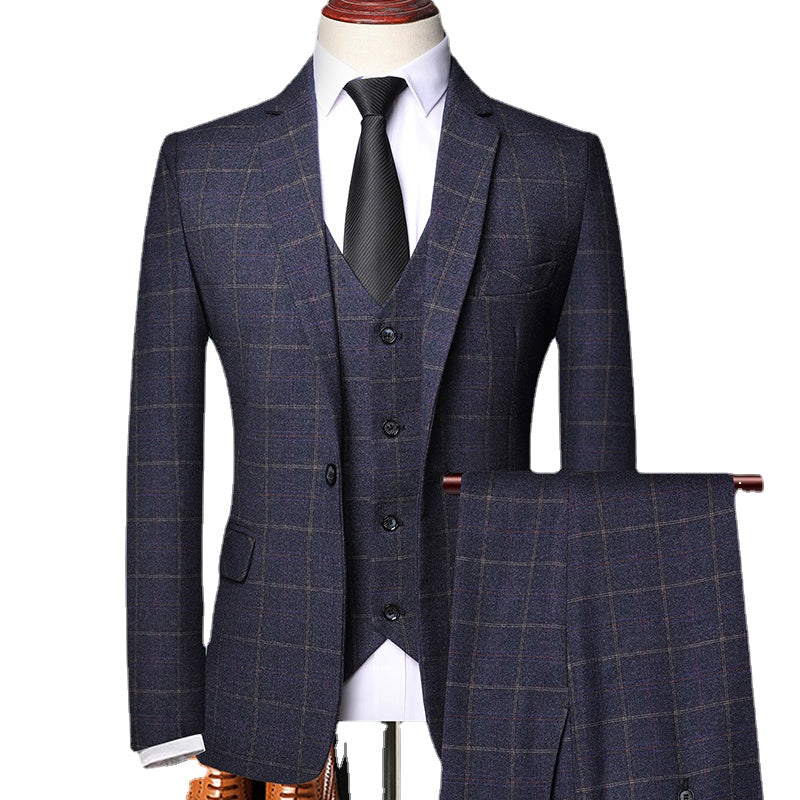 Men's Fashion Three Piece Formal Business Plaid Suit Boutique Plaid Wedding Dress Set