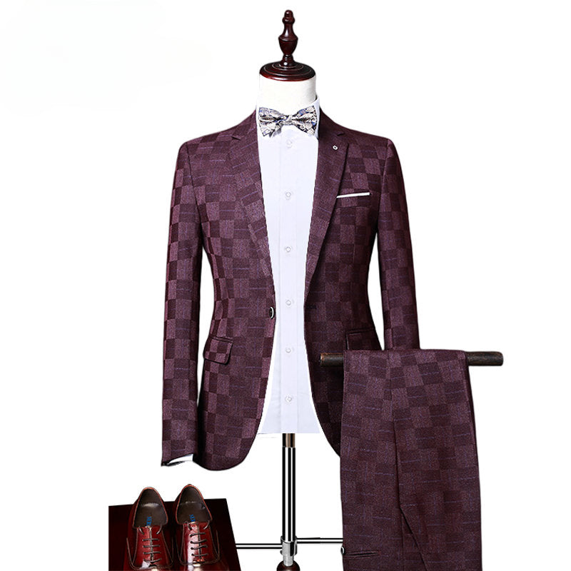 Boutique Fashion Checker Men's Leisure Business Office Set Three Piece Bride Wedding Dress Slim Fit Set