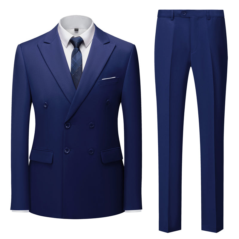 Boutique Fashion Solid Color Double Breasted Set 2-piece Slim Fit Men's Leisure Business Office Set