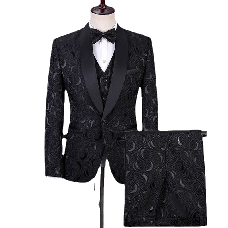 Fashionable New Men's Casual Business Slim Fitting Dark Patterned Embossed Suit 3-piece Set