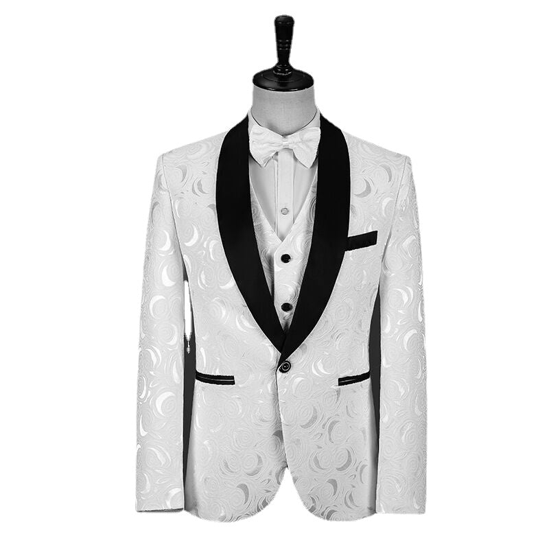 Fashionable New Men's Casual Business Slim Fitting Dark Patterned Embossed Suit 3-piece Set