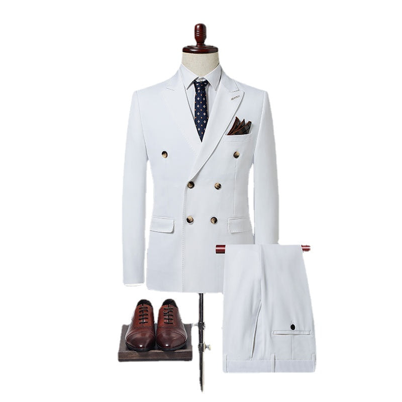 Fashionable New Men's Casual Double Breasted Solid Color Business Suit Jacket Pants 2-piece Suit Jacket