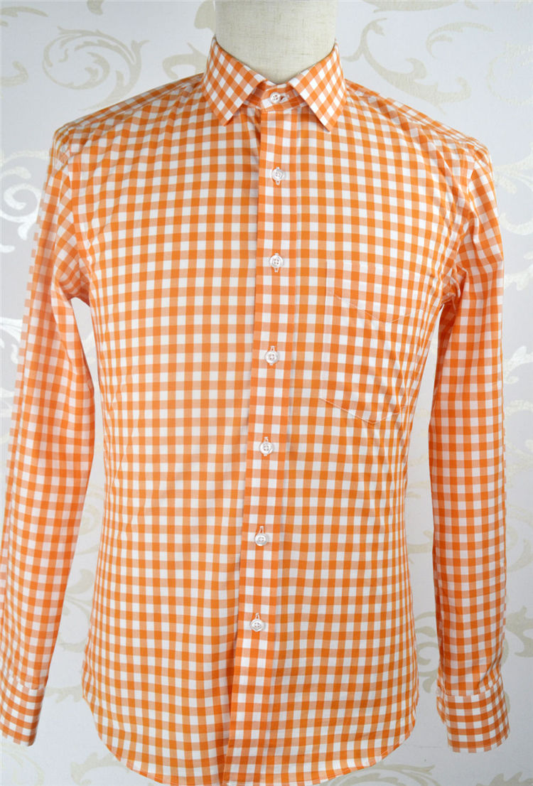 Custom Made Long Sleeve Orange Mens Cotton Plaid Shirt