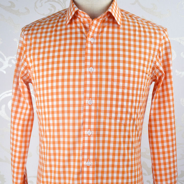 Custom Made Long Sleeve Orange Mens Cotton Plaid Shirt