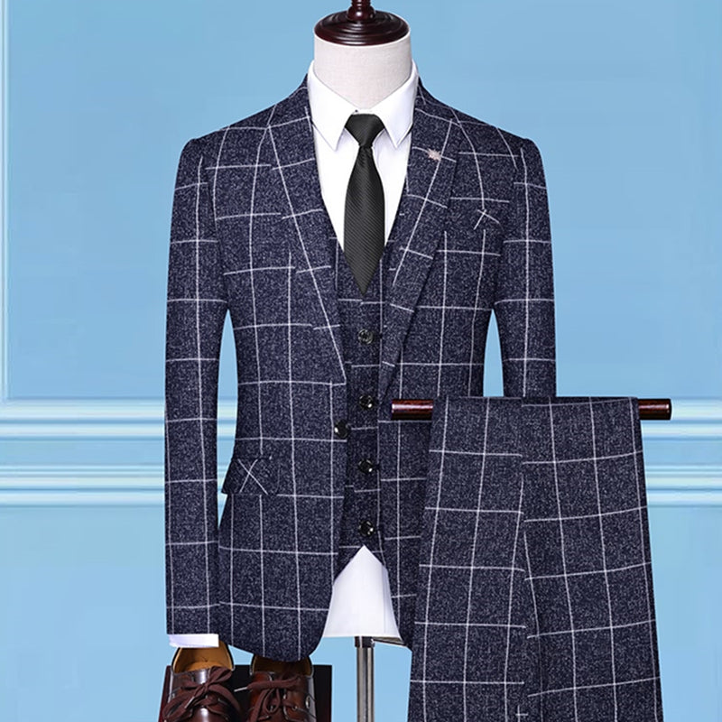 Men's Checkered Vest, Suit Pants, 3-piece Set/Men's Fashion High-end Slim Fitting Wedding Banquet Business Suit Jacket