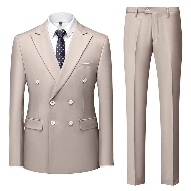 Boutique Fashion Solid Color Double Breasted Set 2-piece Slim Fit Men's Leisure Business Office Set