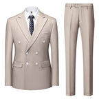 Boutique Fashion Solid Color Double Breasted Set 2-piece Slim Fit Men's Leisure Business Office Set
