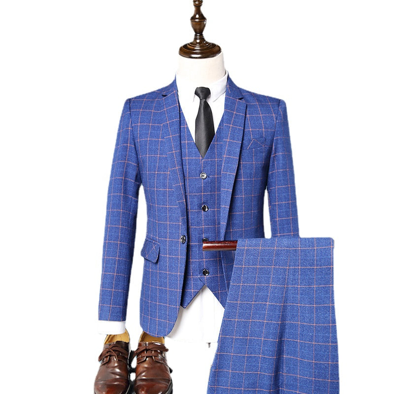 Fashionable Business Elegant Gentleman Plaid Slim Fit Casual Formal Set 3-piece