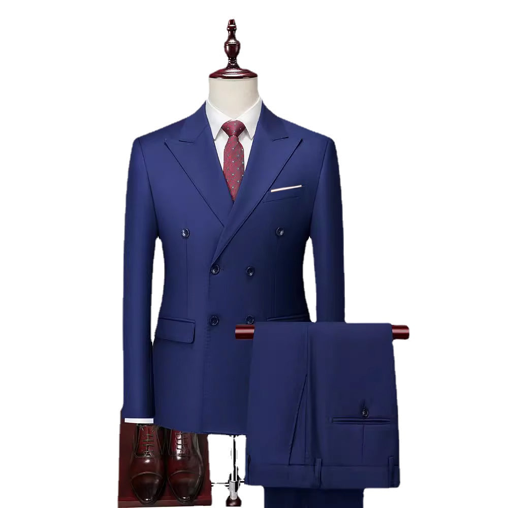 Boutique Fashion Solid Color Double Breasted Set 2-piece Slim Fit Men's Leisure Business Office Set