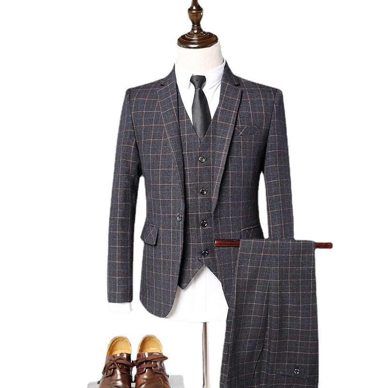 Fashionable Business Elegant Gentleman Plaid Slim Fit Casual Formal Set 3-piece