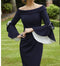 Tailor Shop Mother of Bride Navy Formal Gown Blue White Crepe Off Shoulder Evening Gown Bell Sleeve Plus Size Ruched Dress