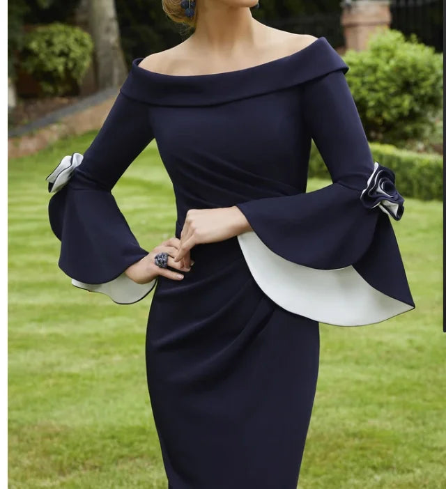 Tailor Shop Mother of Bride Navy Formal Gown Blue White Crepe Off Shoulder Evening Gown Bell Sleeve Plus Size Ruched Dress