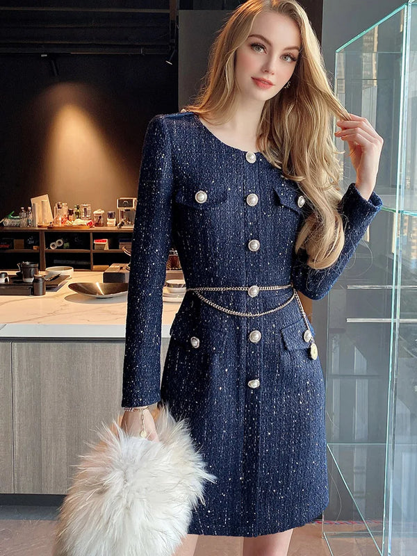 High End French Style Small Fragrance Sequin Tweed Slim Fitting Flower Bud Waist Chain Dress for Women