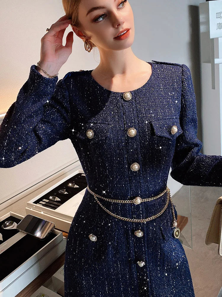 High End French Style Small Fragrance Sequin Tweed Slim Fitting Flower Bud Waist Chain Dress for Women