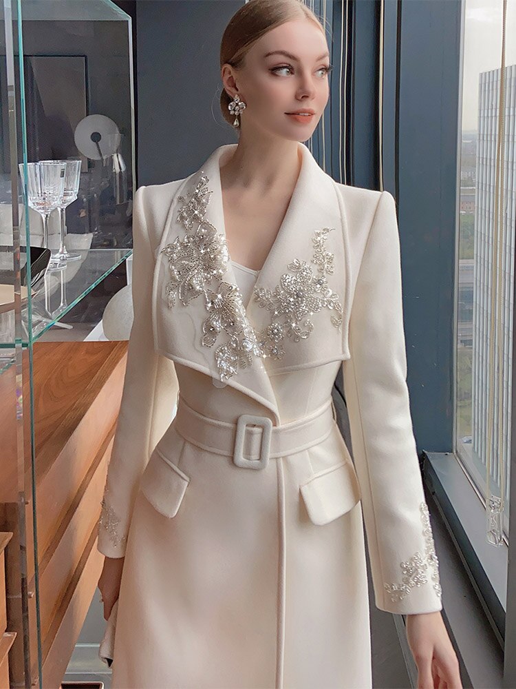 High End Heavy Industry Beaded Large Lapel Belt Waist Tuck Coat Famous Lady's Thin Coat