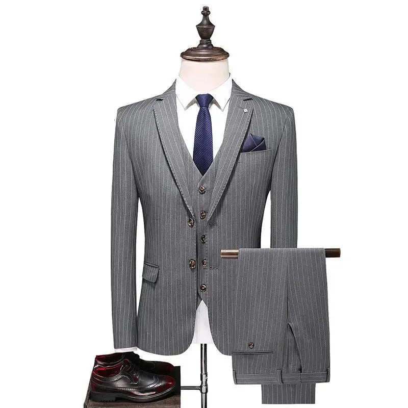 High Quality Men's Striped Suit with Double Breasted Fashionable Three Piece Set for Men's Groom Suit Jacket