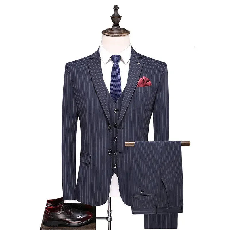 High Quality Men's Striped Suit with Double Breasted Fashionable Three Piece Set for Men's Groom Suit Jacket