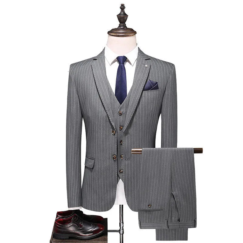 High Quality Men's Striped Suit with Double Breasted Fashionable Three Piece Set for Men's Groom Suit Jacket