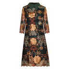 Lapel Beaded Three-quarter Sleeves Heavy Industry Mesh Embroidery Flower A-line Loose Plus Size Elegant Lace Dress
