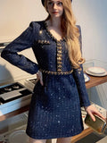 Light Luxury Elegant V-Neck Slim Fit Knitted Chain Thick Tweed Small Fragrance A-line Dress