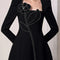 Light Familiar Women's New Chain Three-dimensional Flowers Elegant Temperament Square Collar Little Black Dress