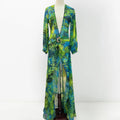 Long Green Printed Deep V-neck Dress with Jewelry Buttons Banquet Dress Party Beach Dress