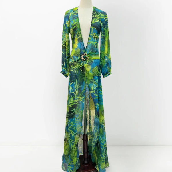 Long Green Printed Deep V-neck Dress with Jewelry Buttons Banquet Dress Party Beach Dress