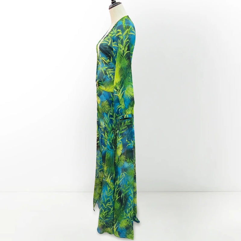 Long Green Printed Deep V-neck Dress with Jewelry Buttons Banquet Dress Party Beach Dress