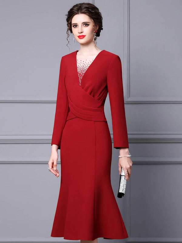 Long Sleeved Dress for Women Tailor Make suit Party Pearl Wine Red Slim Fitting Mid Length Fishtail Skirt