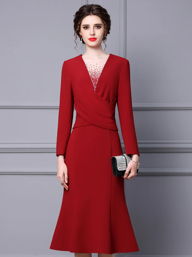 Long Sleeved Dress for Women Tailor Make suit Party Pearl Wine Red Slim Fitting Mid Length Fishtail Skirt