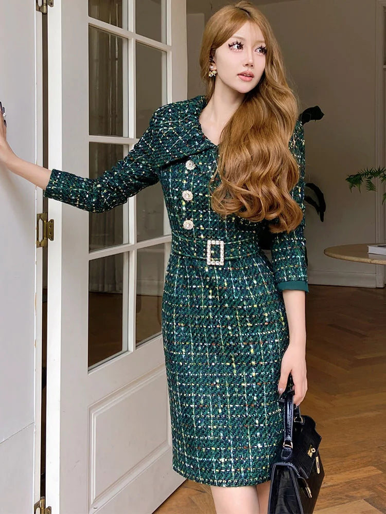 Luxurious and Luxurious Large Lapel Elegant Tweed Sequins Waist Up Dress for Women