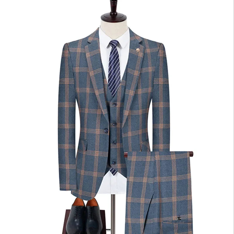 Men's Business Casual Fashion Three Piece Checkered Suit Jacket Long Pants Vest