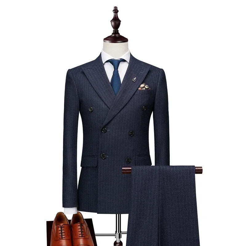 Men's Business Double Breasted Slim Fitting Suit, Men's Striped Groom's Wedding Tuxedo, Banquet Suit