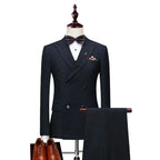 Men's Business Double Breasted Slim Fitting Suit, Men's Striped Groom's Wedding Tuxedo, Banquet Suit
