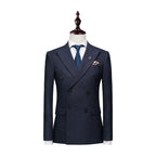Men's Business Double Breasted Slim Fitting Suit, Men's Striped Groom's Wedding Tuxedo, Banquet Suit