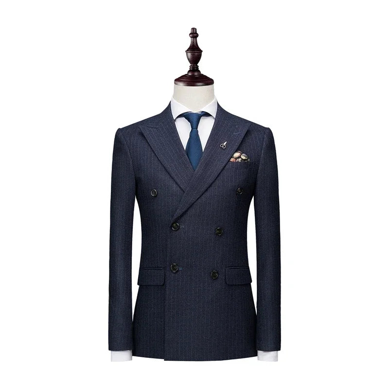 Men's Business Double Breasted Slim Fitting Suit, Men's Striped Groom's Wedding Tuxedo, Banquet Suit
