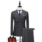 Men's Business Double Breasted Slim Fitting Suit, Men's Striped Groom's Wedding Tuxedo, Banquet Suit