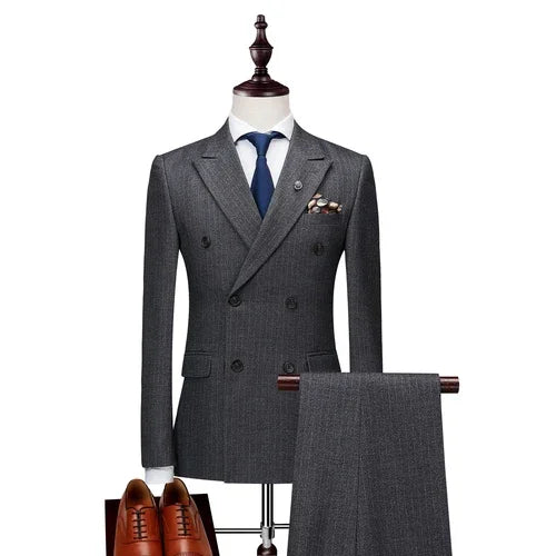 Men's Business Double Breasted Slim Fitting Suit, Men's Striped Groom's Wedding Tuxedo, Banquet Suit