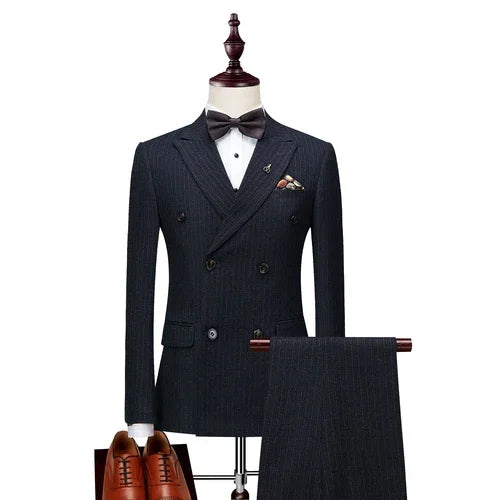 Men's Business Double Breasted Slim Fitting Suit, Men's Striped Groom's Wedding Tuxedo, Banquet Suit