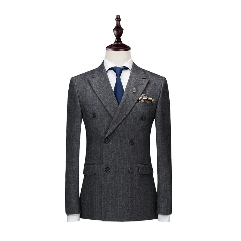 Men's Business Double Breasted Slim Fitting Suit, Men's Striped Groom's Wedding Tuxedo, Banquet Suit